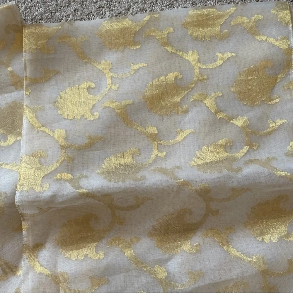 Beige Gold Silk Gauze Table Runner Glitter Beaded Metallic Sheer Gold Leaf 2x